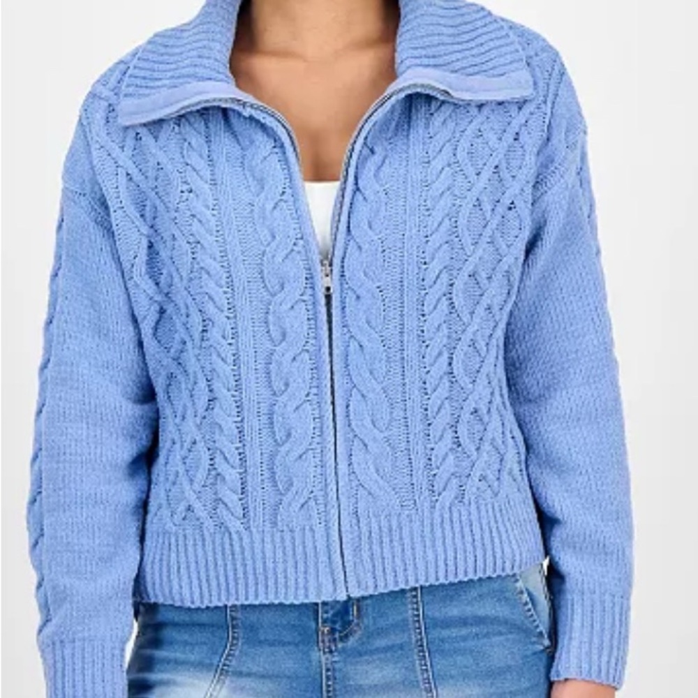 Hippie Rose Juniors Chenille Cable Knit Full Zip Cardigan Sweater Size XL Blue